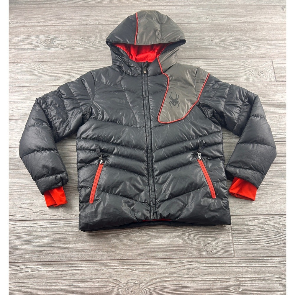 Spyder Mens Down Puffer Jacket Black Red Hooded Insulated Ski Coat Size Medium